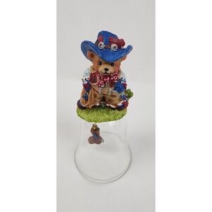 GiftCo Inc. Cowboy Bear Glass Bell Blue 4 11/16" Polystone Handle Boots Rope Hat